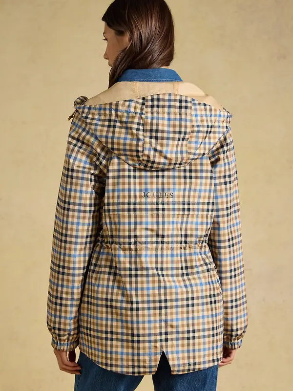 Joules Women's Everdry Waterproof Packable Raincoat With Hood - Tan Check Image 3