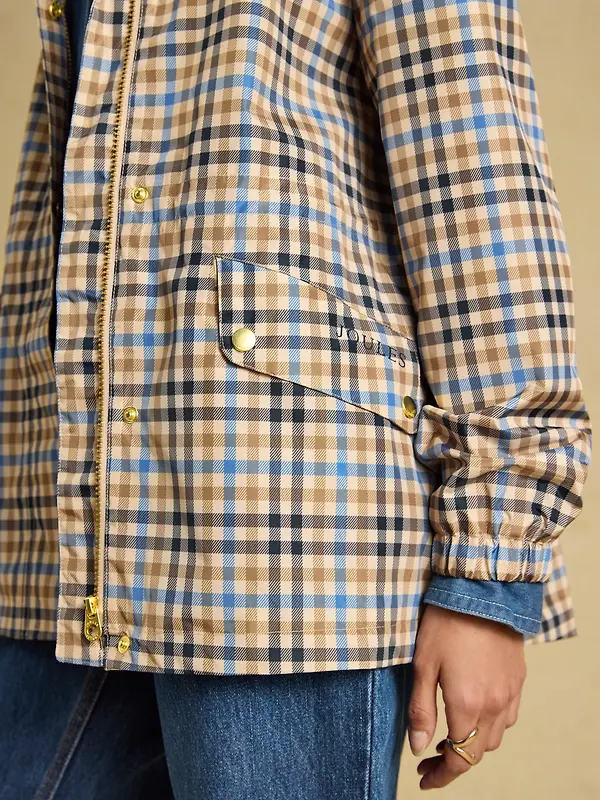 Joules Women's Everdry Waterproof Packable Raincoat With Hood - Tan Check Image 6