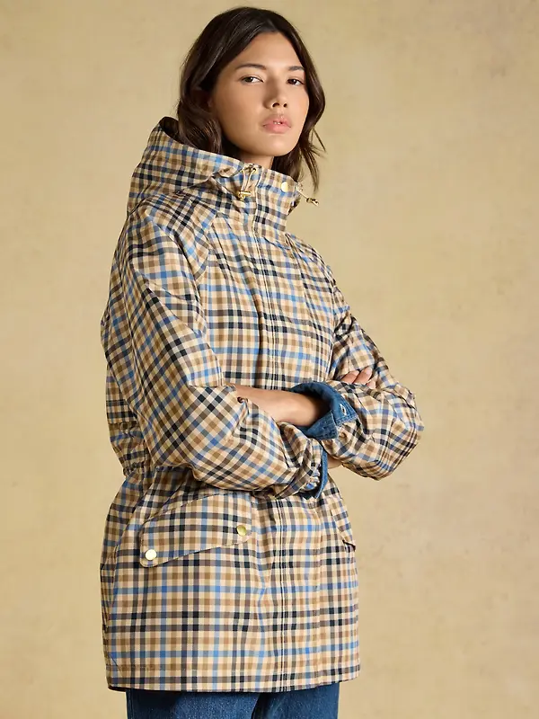 Joules Women's Everdry Waterproof Packable Raincoat With Hood - Tan Check Image 8
