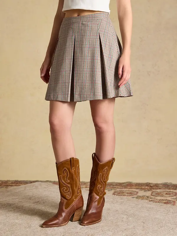 Joules Women's Brown Check Ada Pleated Mini Skirt - Swindale Tweed Image 2