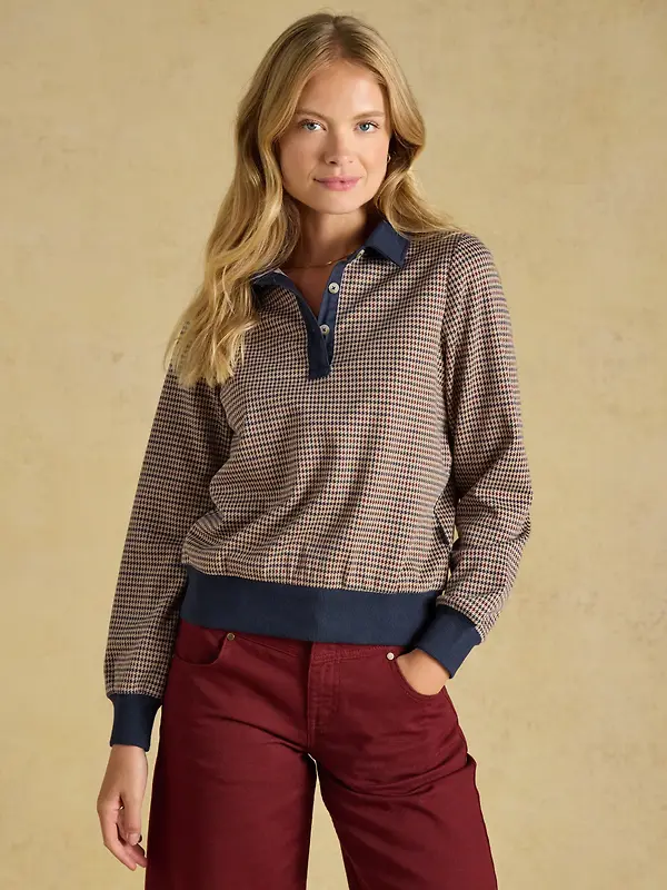 Joules Women's Laurel Houndstooth Check Long Sleeve Jersey Top - Navy Red Check Image 2