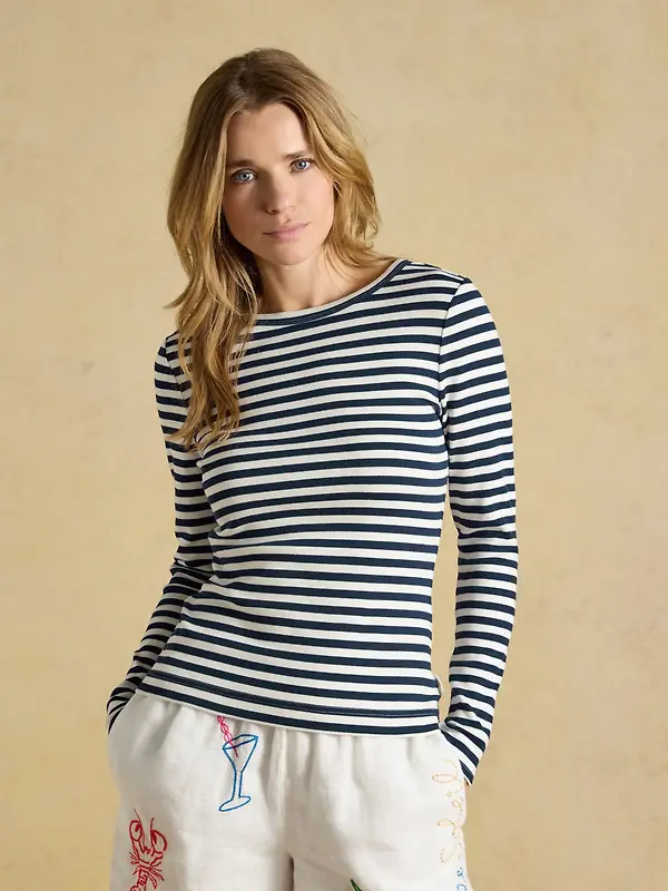 Joules Women's Sophie Long Sleeve Ribbed Fitted T-Shirt - Navy Striped Image 2