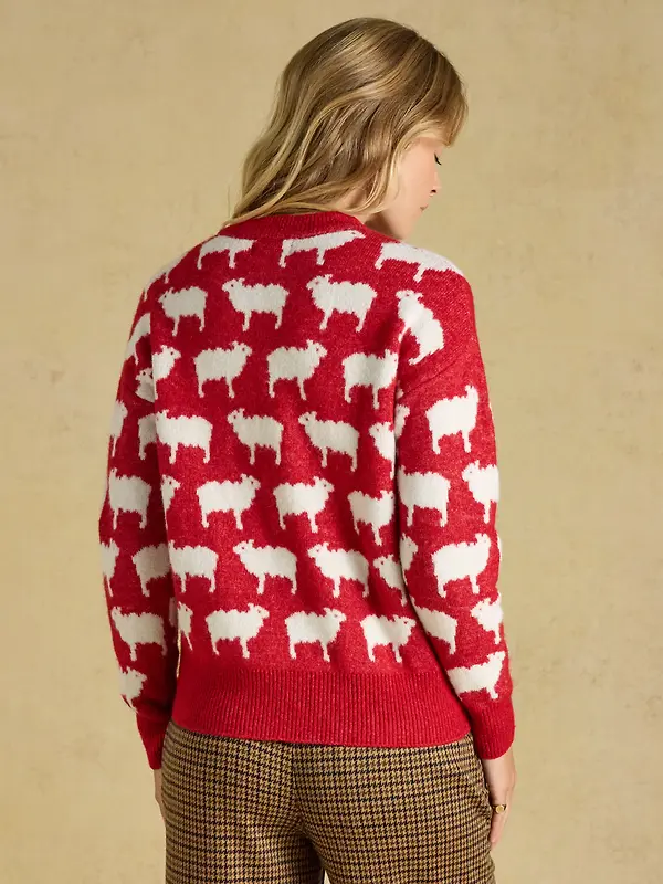 Joules Women's Fleece Navidad Sheep Icon Crew Neck Knitted Jumper - Red Image 3