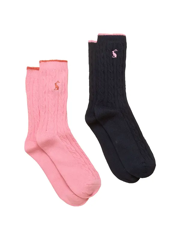 Joules Women's Cable Socks 2 Pack UK 4-8 - Navy / Pink Image 1