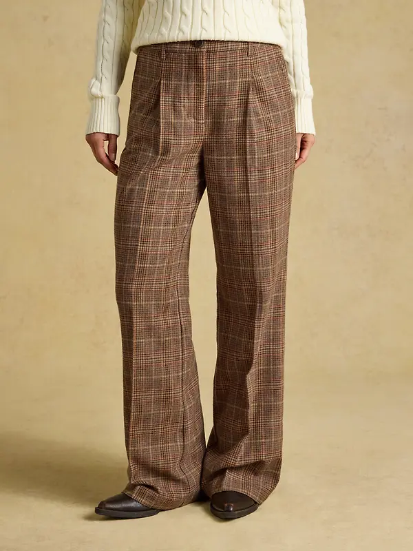 Joules Women's Foxley Wool Rich Wide Leg Tweed Trousers - Brown Check Erica Tweed Image 2