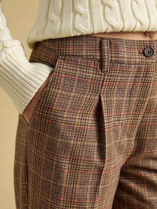 Joules Women's Foxley Wool Rich Wide Leg Tweed Trousers - Brown Check Erica Tweed Image 4
