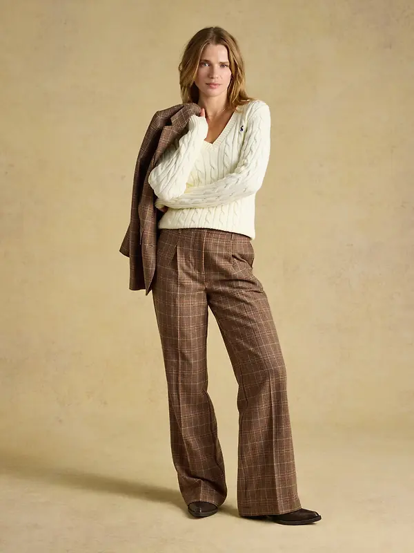 Joules Women's Foxley Wool Rich Wide Leg Tweed Trousers - Brown Check Erica Tweed Image 5