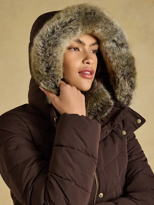 Joules Women's Aspen Showerproof Padded Coat with Faux Fur Hood - Chocolate Brown Image 23