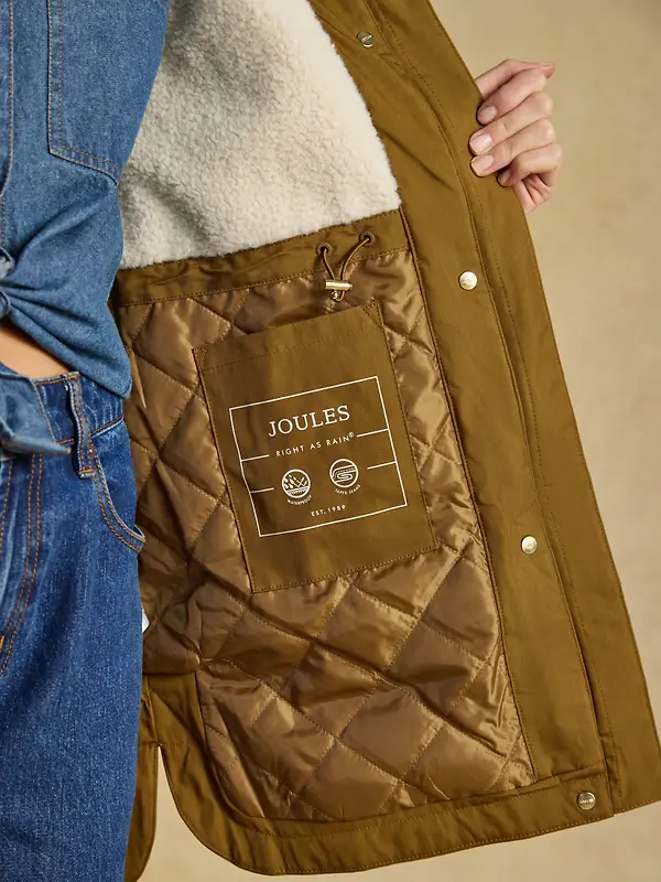 Joules Women's Evercosy Borg Lined Waterproof Raincoat With Hood - Tan Brown Image 7