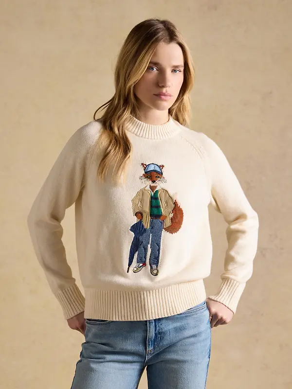 Joules Women's April Showers Jonty Fox Embroidered Crew Neck Jumper - Cream Image 2