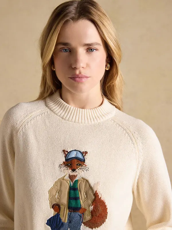Joules Women's April Showers Jonty Fox Embroidered Crew Neck Jumper - Cream Image 7