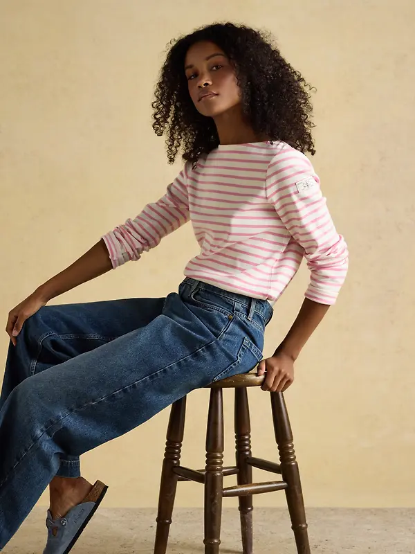 Joules Women's Harbour Boat Neck 100% Cotton Long Sleeve Breton Top - Cream/Pink Image 8