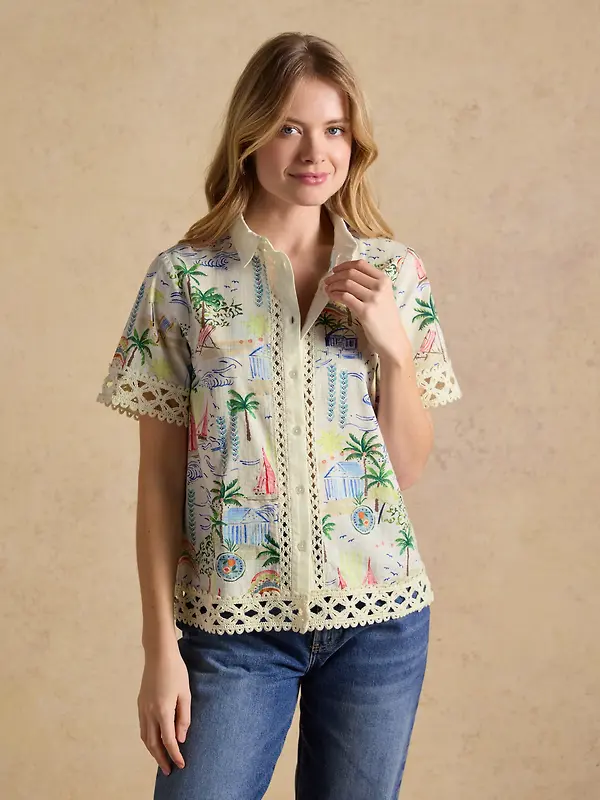 Joules Women's Isobel Crochet Trim Shirt - Coastal Scene Print Image 2
