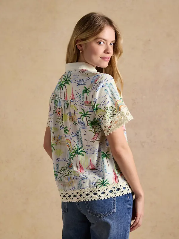 Joules Women's Isobel Crochet Trim Shirt - Coastal Scene Print Image 3