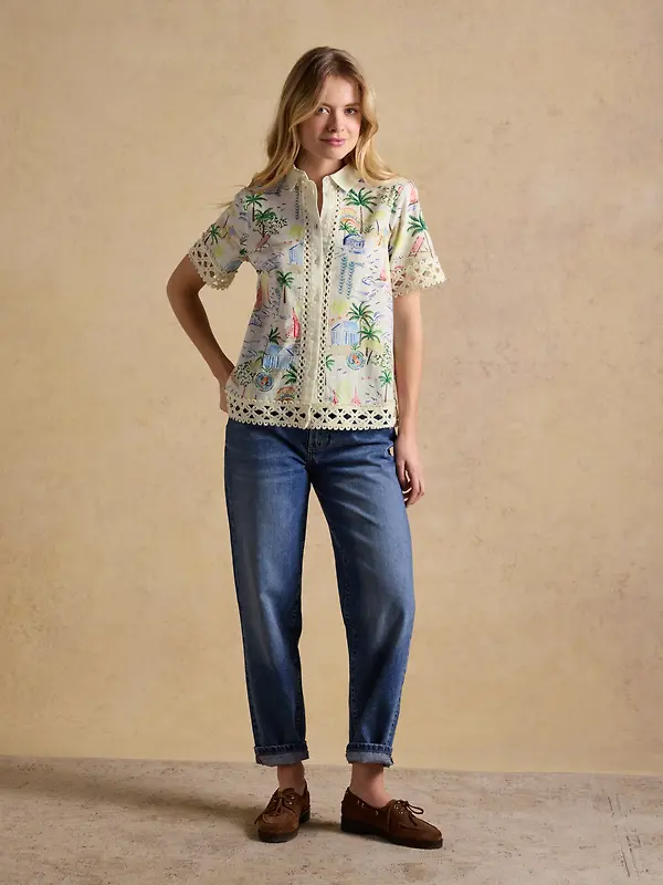 Joules Women's Isobel Crochet Trim Shirt - Coastal Scene Print Image 5