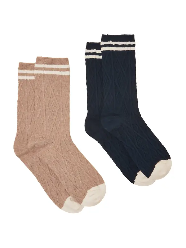 Joules Women's Cable Knit Tennis Socks 2 Pack UK 4-8 - Oat / Navy Image 1