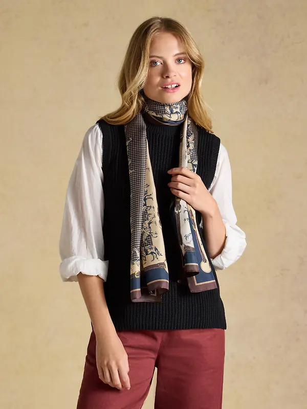 Joules Women's Windsor Equestrian Print Silk Rectangle Scarf - Navy & Beige Image 2