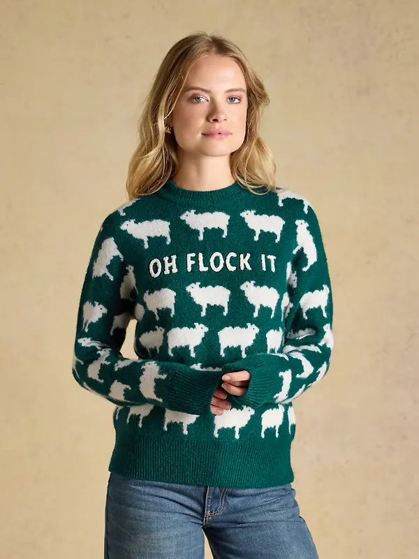 Joules Women's Oh Flock It Sheep Icon Crew Neck Knitted Jumper - Green Image 2