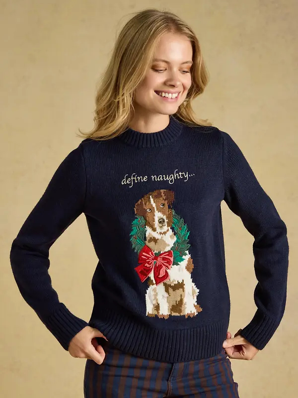 Joules Women's Noelle Crew Neck Knitted Christmas Jumper - Dog Navy Image 2