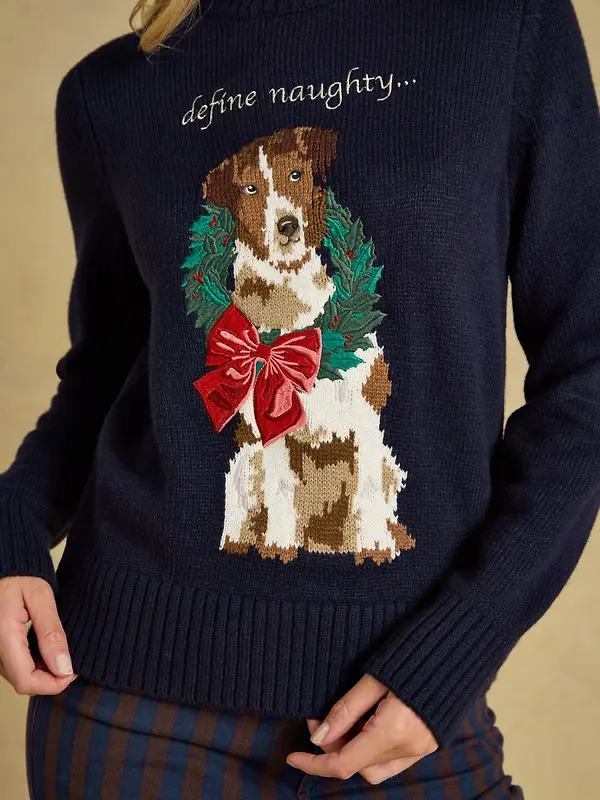 Joules Women's Noelle Crew Neck Knitted Christmas Jumper - Dog Navy Image 4