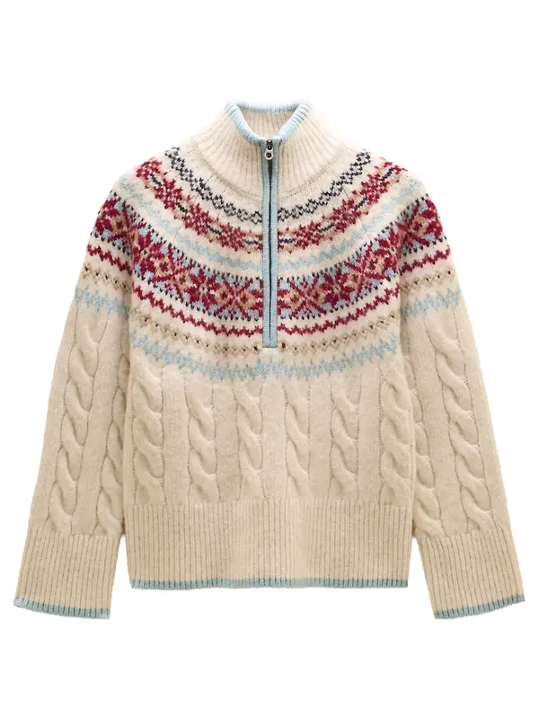 Joules Women's Cable Knit Fair Isle Half Zip Jumper - Cream Image 1