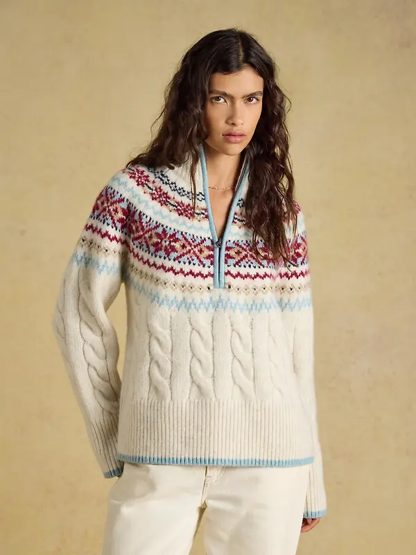Joules Women's Cable Knit Fair Isle Half Zip Jumper - Cream Image 2