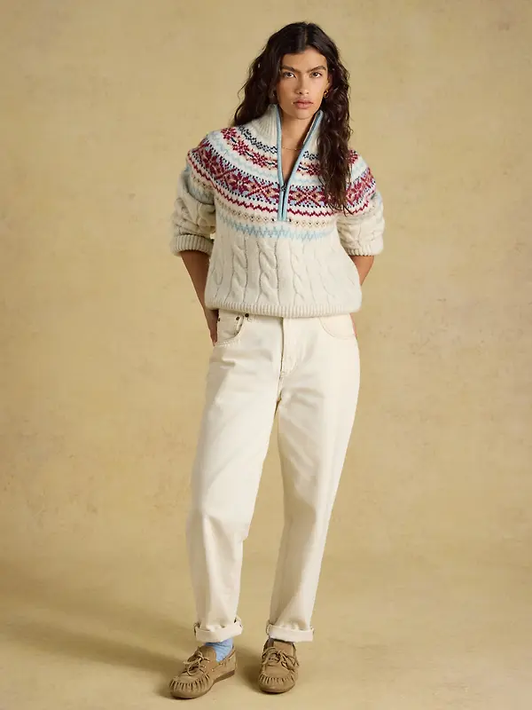 Joules Women's Cable Knit Fair Isle Half Zip Jumper - Cream Image 4