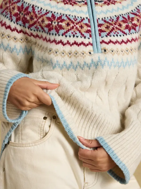 Joules Women's Cable Knit Fair Isle Half Zip Jumper - Cream Image 5