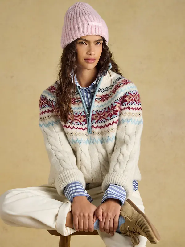 Joules Women's Cable Knit Fair Isle Half Zip Jumper - Cream Image 6