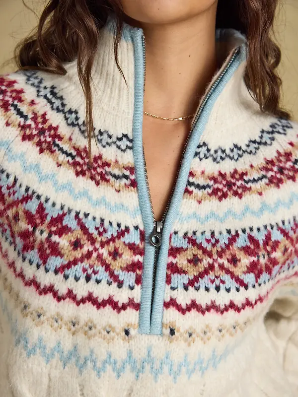 Joules Women's Cable Knit Fair Isle Half Zip Jumper - Cream Image 7
