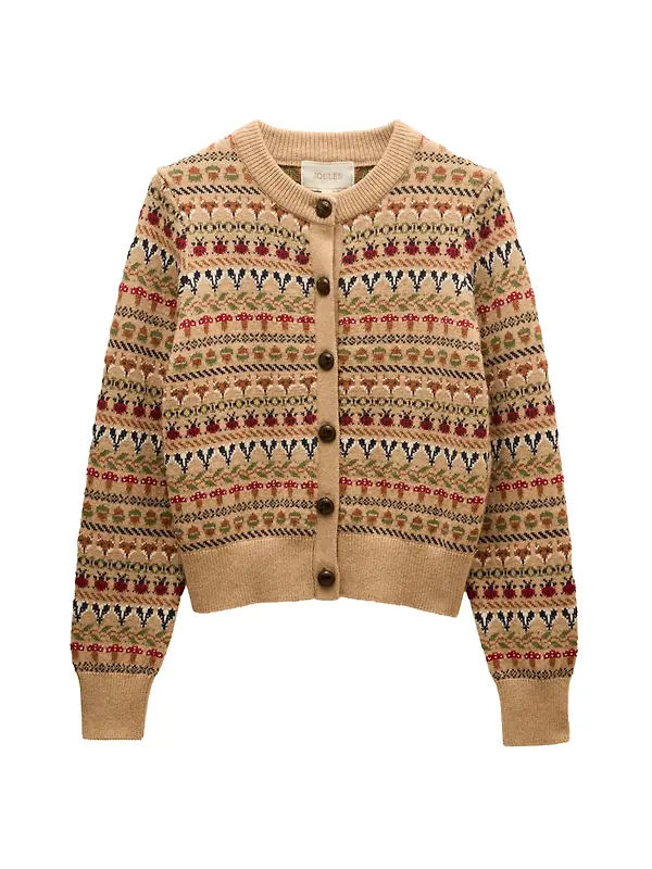 Joules Women's Woodland Pattern Cotton Blend Knitted Cardigan - Oatmeal Image 1
