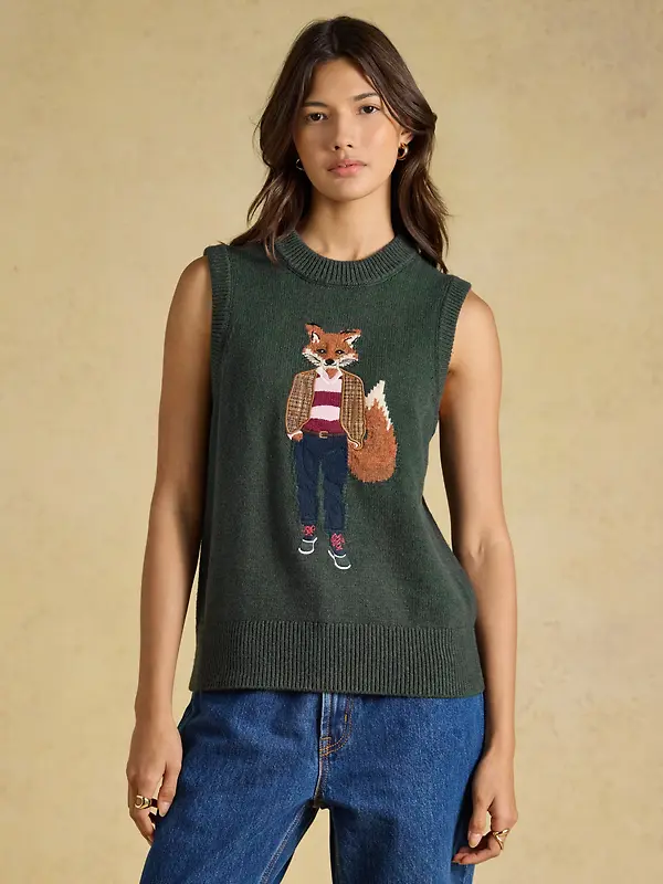 Joules Women's Jonty Fox Crew Neck Cotton Blend Knitted Vest - Green Image 2