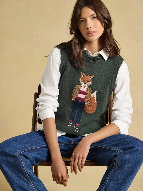 Joules Women's Jonty Fox Crew Neck Cotton Blend Knitted Vest - Green Image 4