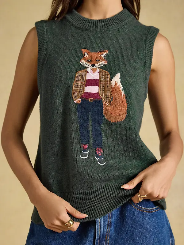 Joules Women's Jonty Fox Crew Neck Cotton Blend Knitted Vest - Green Image 5