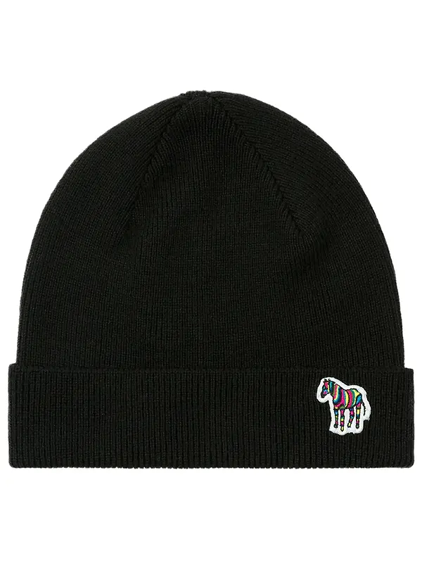 Product image of Paul Smith Men's Zebra Logo Ribbed Lambswool Beanie Hat - Black
