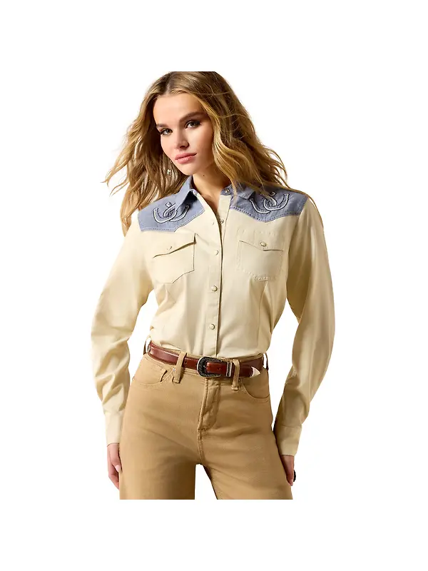 Ariat Women's Horseshoe Western Long Sleeve Shirt - Sand Image 1