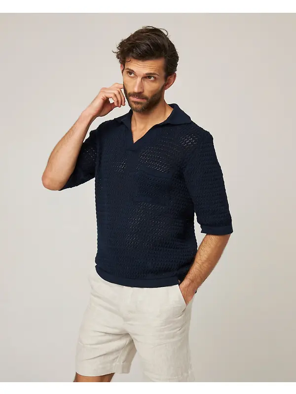 Peregrine Men's Island Crochet Polo Shirt - Navy Image 2
