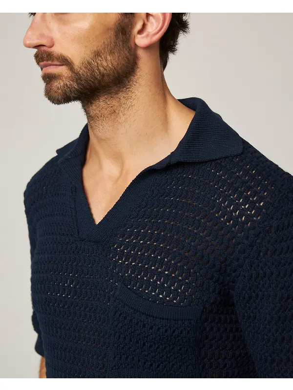 Peregrine Men's Island Crochet Polo Shirt - Navy Image 4