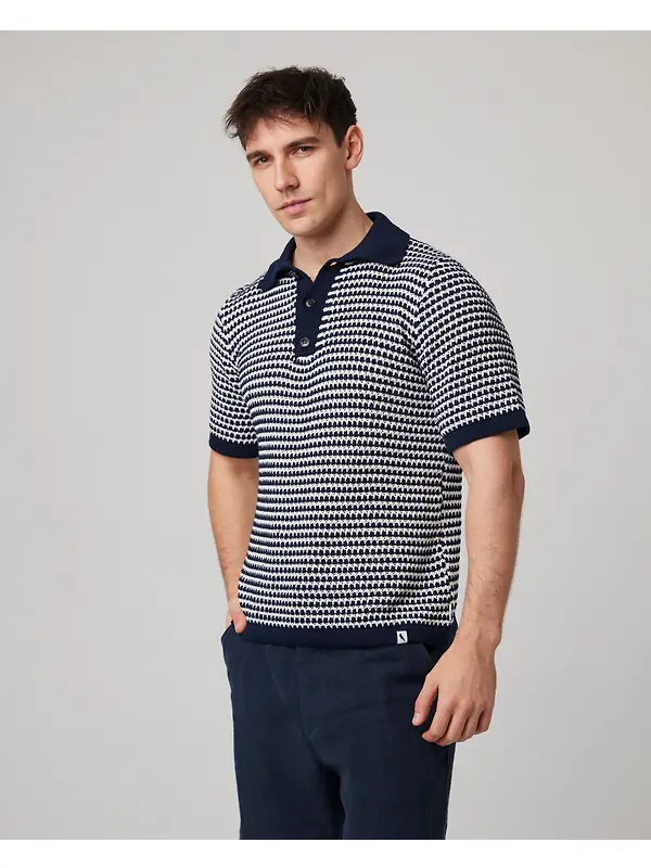Peregrine Men's Island Crochet Button Polo Shirt - Navy Image 4