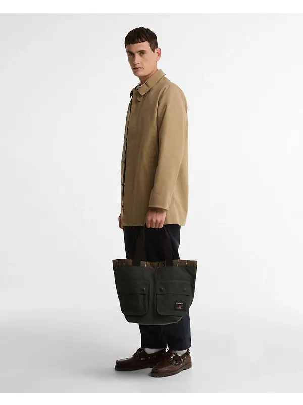 Barbour Field Waxed Carry All Tote Bag - Sage / Classic Image 2