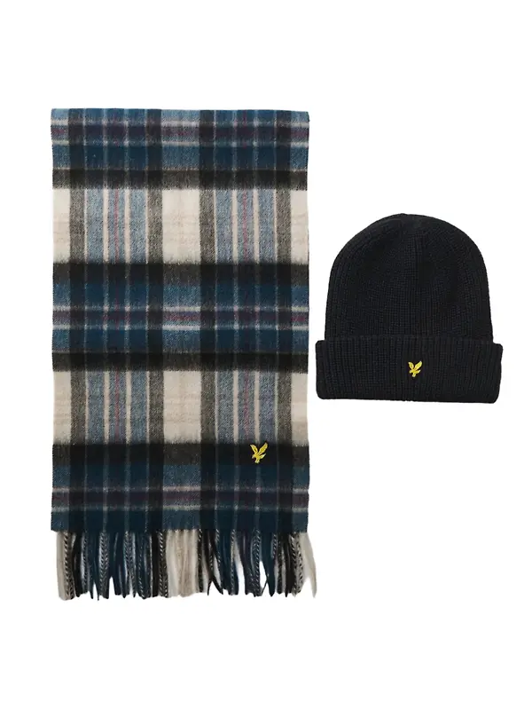 Lyle & Scott Men's Lambswool Blend Checked Scarf & Beanie Gift Set - Dark Navy Image 2