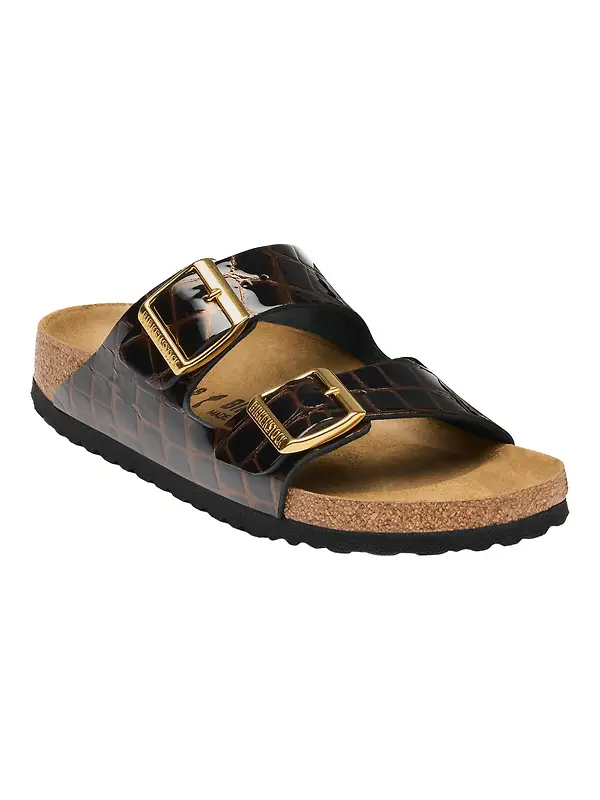 Birkenstock Women's Arizona Natural Leather Narrow Sandals - Emboss Leather Black Image 1