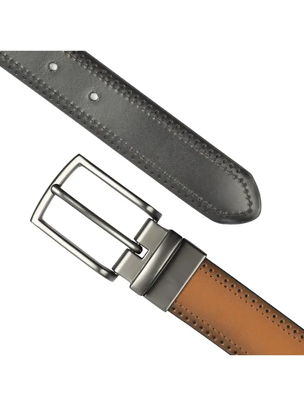 Dents Men's Reversible Leather Belt With Gunmetal Buckle and Brogue Detail - Black/Tan Image 2