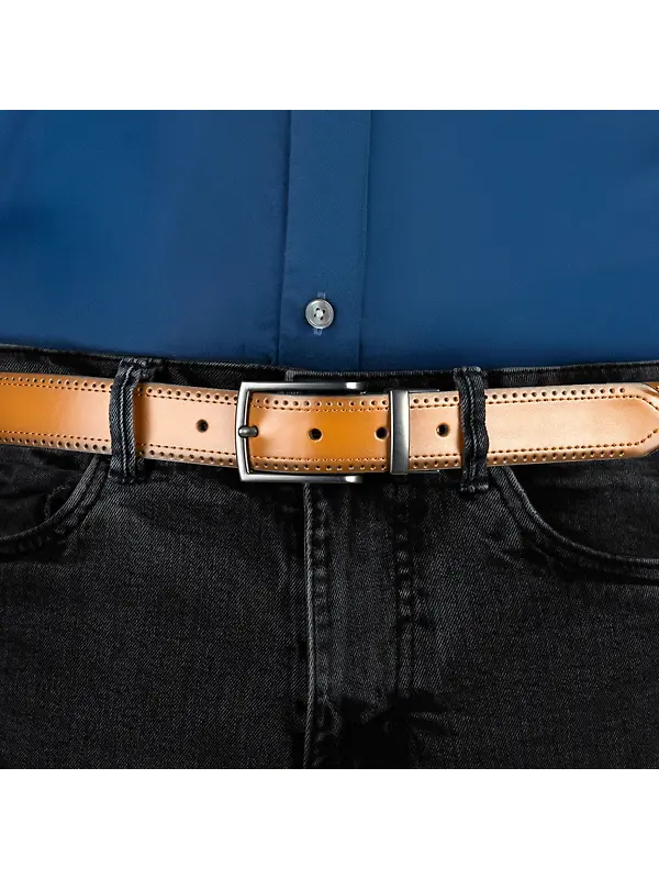 Dents Men's Reversible Leather Belt With Gunmetal Buckle and Brogue Detail - Black/Tan Image 8