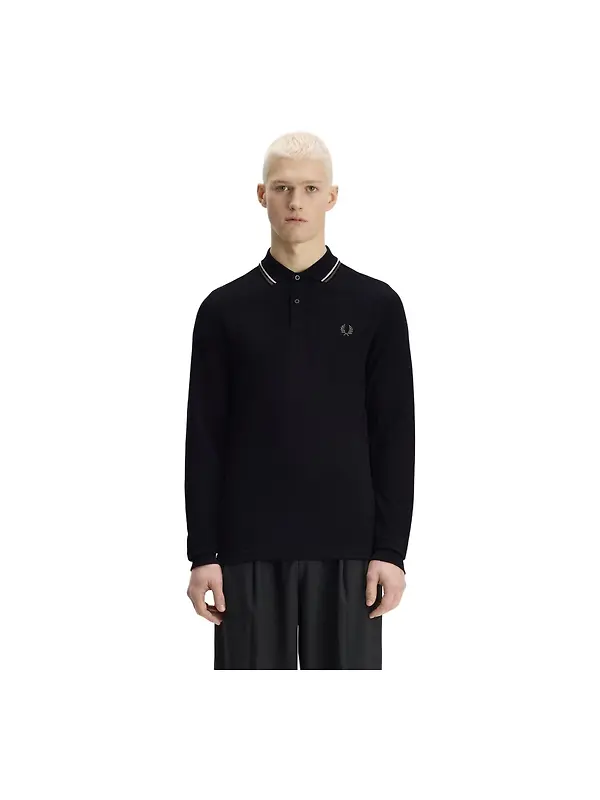 Fred Perry Men's M3636 LS Twin Tipped Shirt - Black / Ecru / Laurel Wreath Green Image 2