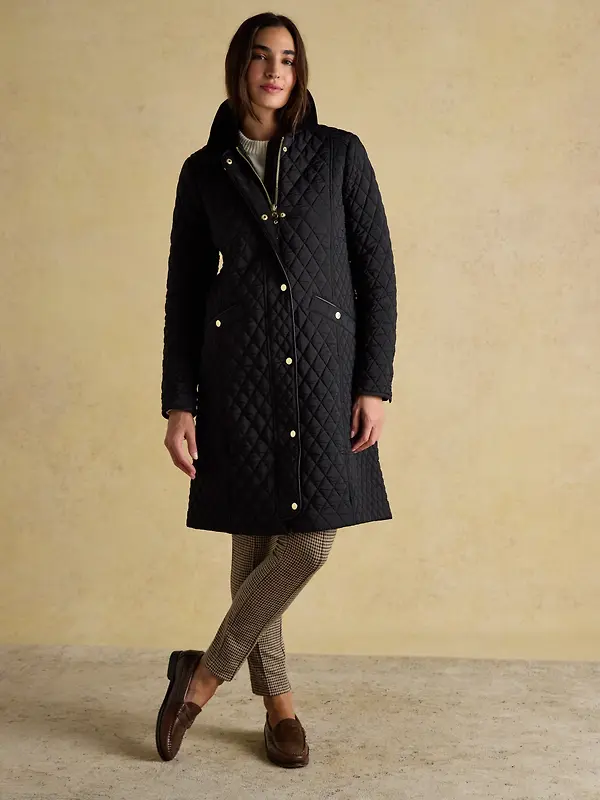 Joules Women's Rosewell Longline Diamond Quilted Showerproof Coat - Black Image 2