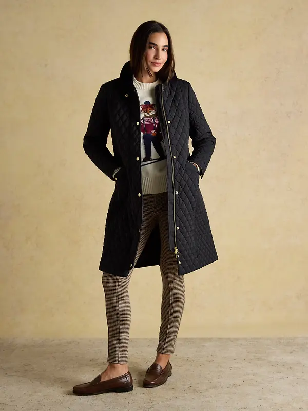 Joules Women's Rosewell Longline Diamond Quilted Showerproof Coat - Black Image 4
