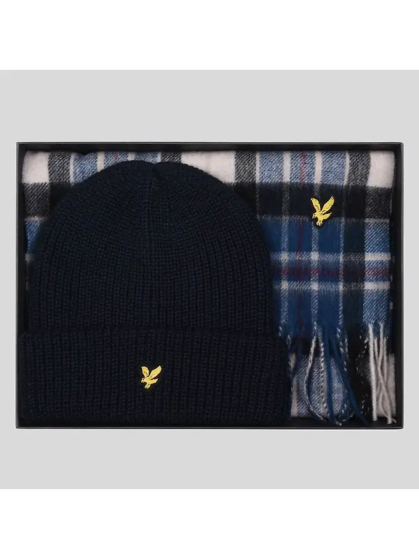 Lyle & Scott Men's Lambswool Blend Checked Scarf & Beanie Gift Set - Dark Navy Image 7