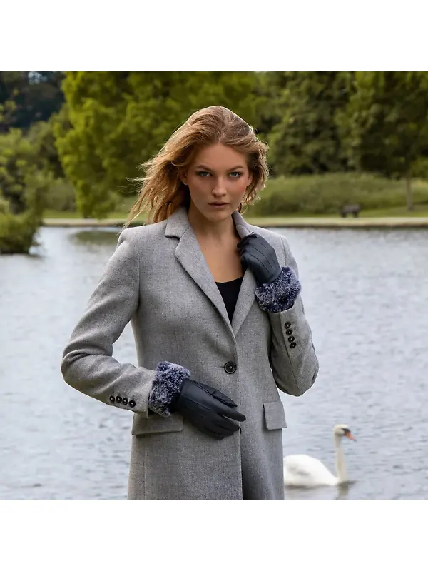 Dents Women's Sarah Touchscreen Leather Gloves with Faux Fur Cuffs - Navy Image 2