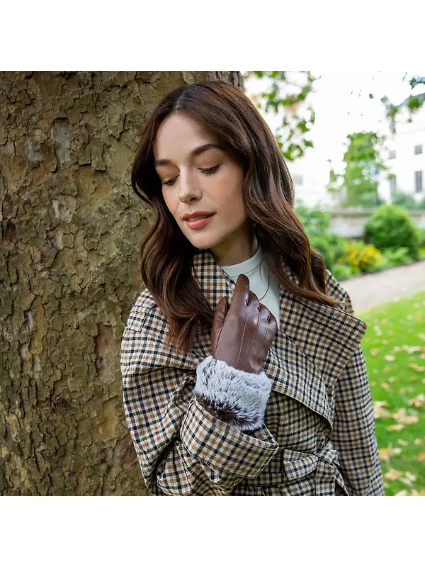 Dents Women's Sarah Touchscreen Leather Gloves with Faux Fur Cuffs - Chestnut Image 2